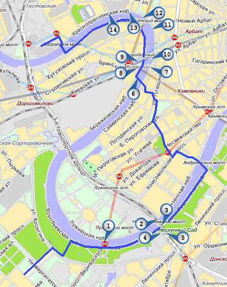 Воробьевы горы, Андреевская набережная, Пушкинская набережная, Парк "Усадьба Трубецких в Хамовниках", Сквер Девичьего поля, Площадь Европы, Мост Багратион, Деловой центр.